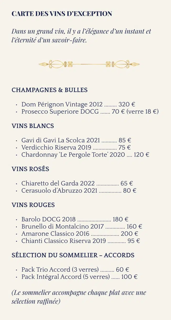 Carte des vins dans le menu degustation italien du restaurant Villa Serafina