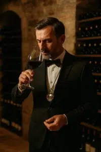 Sommelier dégustant un verre de vin dans la cave du restaurant